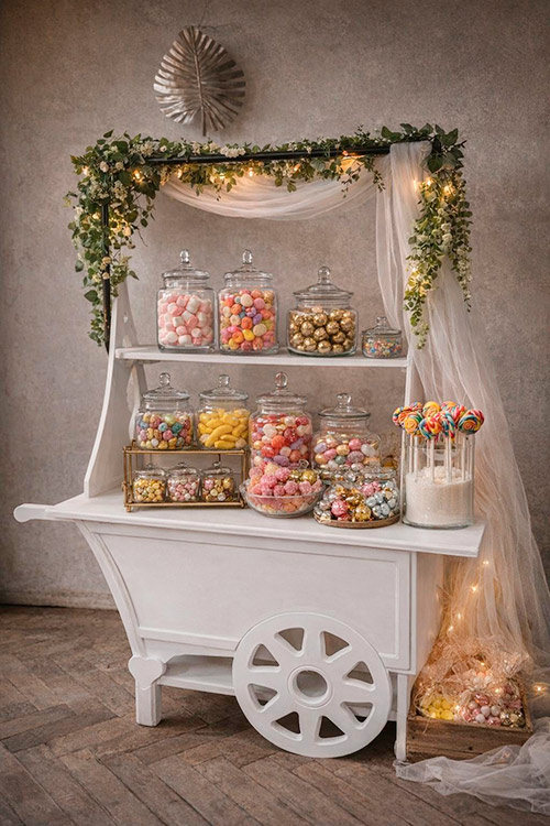 Carrito Blanco de Candy Bar con Gominolas - Inna Global Alquiler de carrito de candy bar blanco con botes de cristal llenos de golosinas y caramelos para bodas en Madrid