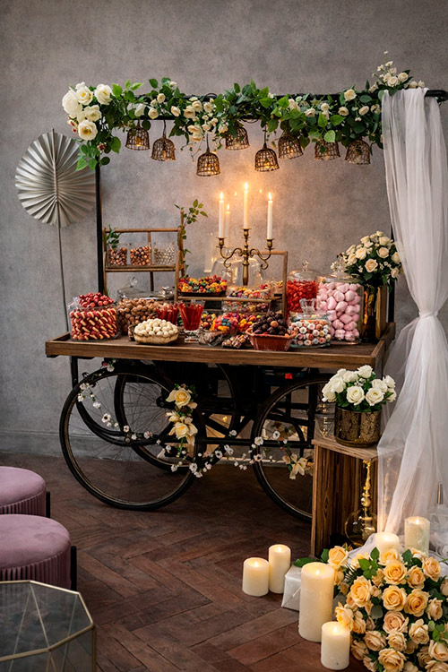 Carrito Indio para Mesas Dulces - Inna Global Alquiler de carrito indio de madera para mesas dulces y estaciones de golosinas premium en bodas y eventos de Madrid