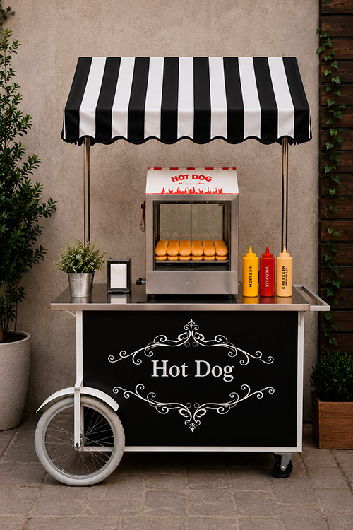 Carrito Hot Dog para eventos en Madrid Alquiler de carrito de hot dogs premium vintage decorado para eventos corporativos y bodas en Madrid
