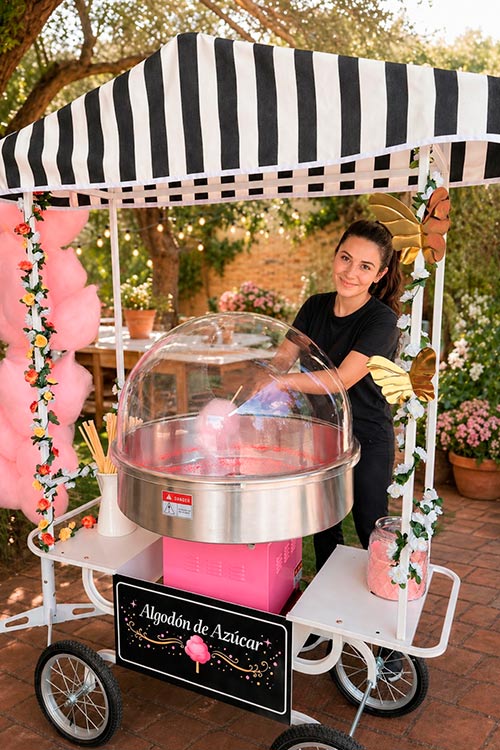 Carrito de Algodon de Azucar Premium - Inna Global Chica sonriente haciendo algodon de azúcar rosa en un carrito premium vintage con flores para eventos corporativos y bodas en Madrid Inna Global